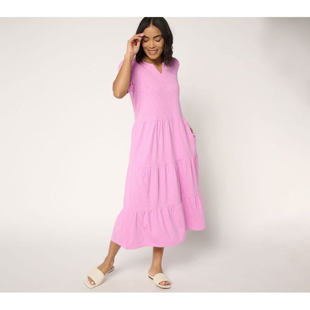 Denim & Co. Women's Dress Sz S Linen Blend Puff Sleeve Midi Pink A685019